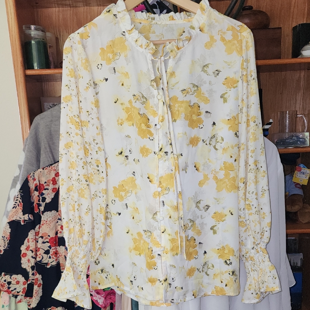 Source Unknown Yellow Floral Peasant Boho Tunic Blouse Top Button Front Tue Neck